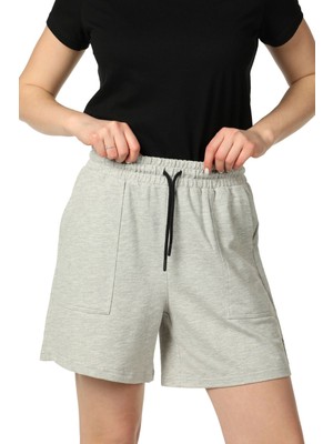 Defy's Kadın Beli Lastikli Cepli Etiket Detaylı Regular Fit Şort Gri Melanj