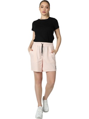 Defy's Kadın Beli Lastikli Cepli Etiket Detaylı Regular Fit Şort Pembe Melanj