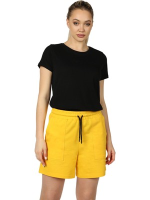Defy's Kadın Beli Lastikli Cepli Etiket Detaylı Regular Fit Şort Sarı