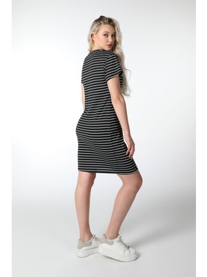 Defy's Kadın Regular Fit Çizgili Kısa Kollu Elbise Antarsit-Beyaz
