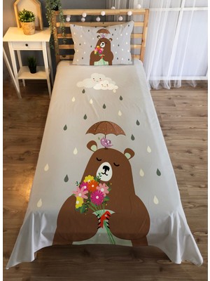 Evmila Ayı Desenli Tek Kişilik Kadife Yatak Örtüsü -Gri