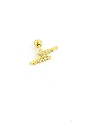 Ose Shop Zirkon Taşlı 925 Ayar Gümüş Üzerine Altın Kaplama Şimşek Tragus Kıkırdak Piercing