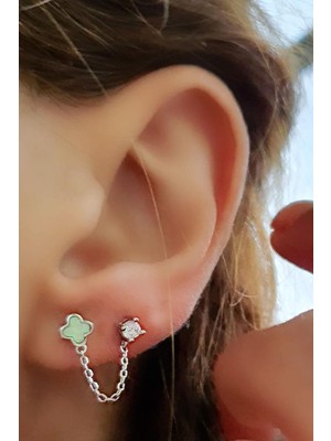 Ose Shop Opal Taşlı ve Tek Taşlı Çift Deliğe Takılan 925 Ayar Gümüş Zincir Tek Küpe