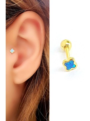 Ose Shop Opal Taşlı 925 Ayar Gümüş Üzerine Altın Kaplama Yonca Tragus Piercing