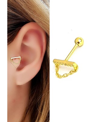 Ose Shop Zirkon Taşlı Zincir Detaylı 925 Ayar Gümüş Üzerine Altın Kaplama Tragus ve Kıkırdak Piercing