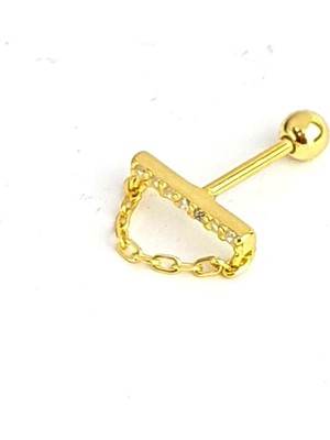 Ose Shop Zirkon Taşlı Zincir Detaylı 925 Ayar Gümüş Üzerine Altın Kaplama Tragus ve Kıkırdak Piercing