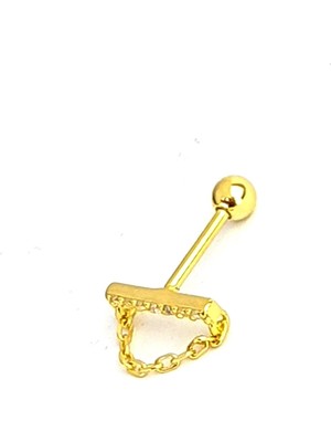 Ose Shop Zirkon Taşlı Zincir Detaylı 925 Ayar Gümüş Üzerine Altın Kaplama Tragus ve Kıkırdak Piercing