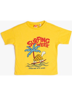 Koton Tişört Kısa Kollu Bisiklet Yaka Kaplumbağa Baskılı Pamuklu