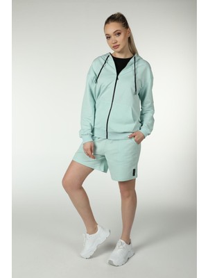 Defy's Alya Kadın %100 Pamuk 2 İplik Şardonsuz Oversize Kapüşonlu Fermuarlı Su Yeşili Sweatshirt