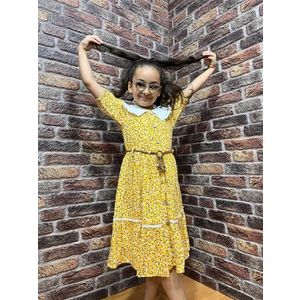 Cillop Butik Kız Çocuk Çiçek Desenli  Bebe Yaka Kemerli Elbise