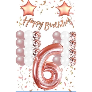 Hediye Ofisi Rose Gold Konsepti 6 Yaş Doğum Günü Seti Rakam ve Yıldız Folyo Balon Banner ve 24 Adet Balon ve Pul 