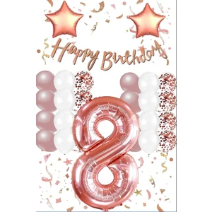 Hediye Ofisi Rose Gold Konsepti 8 Yaş Doğum Günü Seti Rakam ve Yıldız Folyo Balon Banner ve 24 Adet Balon ve Pul 