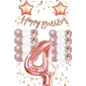 Hediye Ofisi Rose Gold Konsepti 4 Yaş Doğum Günü Seti Rakam ve Yıldız Folyo Balon Banner ve 24 Adet Balon ve Pul 