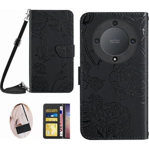 Honor Için HT03 MAGIC55 Lite 5g / X9A 5g Telefon Stand Kılıf Kelebek Çiçekleri Baskılı Cüzdan Deri Kapak Omuz Kayışı (Yurt Dışından)