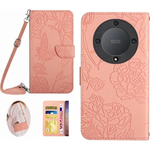Honor Için HT03 MAGIC55 Lite 5g / X9A 5g Telefon Stand Kılıf Kelebek Çiçekleri Baskılı Cüzdan Deri Kapak Omuz Kayışı (Yurt Dışından)