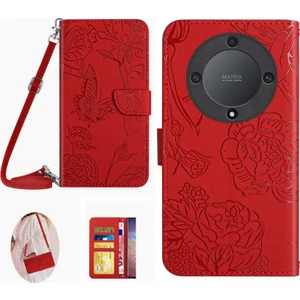 Honor Için HT03 MAGIC55 Lite 5g / X9A 5g Telefon Stand Kılıf Kelebek Çiçekleri Baskılı Cüzdan Deri Kapak Omuz Kayışı (Yurt Dışından)