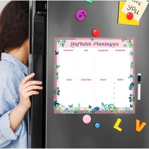 Floral Haftalık Magnet Planlayıcı , Mıknatıslı Silinebilir Yazı Tahtası Pano + 3 Kalem