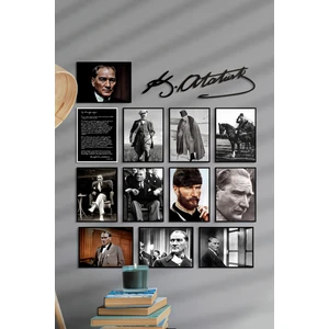 Atatürk Çerçevesiz Çerçeve Görünümlü Atatürk Fotoğrafları 13 Parça Mdf Tablo Seti Atatürk Imzası