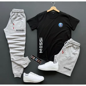 New Cabin 3'lü  Şort-Eşofman Altı-Tişört Slim Fit Messi Baskılı Takım Kombin Alt Üst