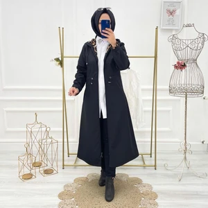 Vibeys Collection Siyah Içi Leopar Desenli ve Kendinden Astarlı Su Geçirmez Kadın Trençkot