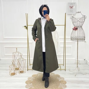 Vibeys Collection Haki Içi Leopar Desenli ve Kendinden Astarlı Su Geçirmez Kadın Trençkot