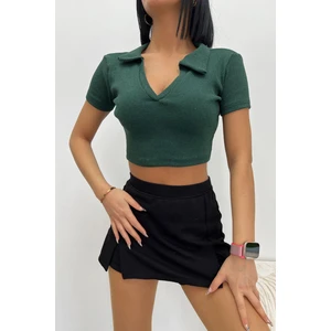 Kadın Polo Yaka Crop Bluz