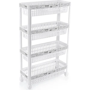 Abnturk Happy Time Desenli Çok Amaçlı Tekerlekli 4 Katlı Sebzelik Demonte Dar Raf Beyaz 80 cm