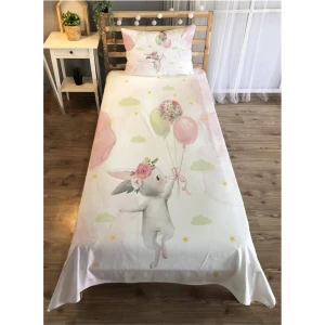 Balon ve Tavşan Desenli Kız Çocuk Odası Yatak Örtüsü Takımı