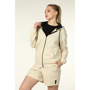Kadın Kapüşonlu Fermuarlı Oversize Kalıp Sweatshirt Bej