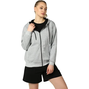 Kadın Kapüşonlu Fermuarlı Oversize Kalıp Sweatshirt Kırçıllı Gri Melanj