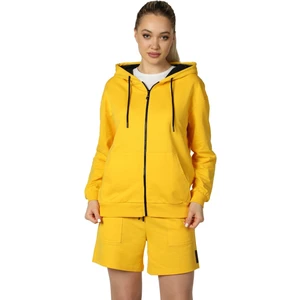 Kadın Kapüşonlu Fermuarlı Oversize Kalıp Sweatshirt Sarı