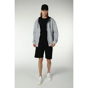 Erkek Kapüşonlu Fermuarlı Oversize Kalıp Sweatshirt Kırçıllı Gri Melanj