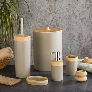 Bersa Chef Limpia Bambu Desenli 5'li Banyo Seti Çöp Kovası Sıvı Sabunluk Diş Fırçalık Kutusu Banyo Seti