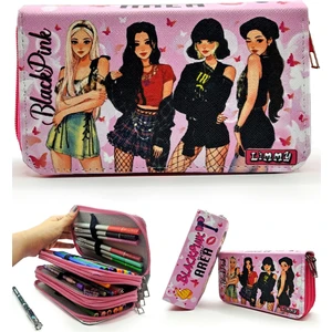 Kalem Kutusu Black Pink Organizer Kalemkutu Vegan Deri Üç Bölmeli Kalemlik-Pembe