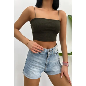 Kadın Slim Fit Kare Yaka Ip Askılı Fitilli Crop Büstiyer