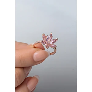 925 Ayar Gümüş Ayarlanabilir Pembe Taşlı Lotus Çiçeği Yüzük