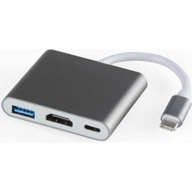 Coverzone Type-C 3in1 HDMI 4K USB 3.0 Görüntü Veri Aktarımı Sağlar USB Adaptör Notebook ve Macbook