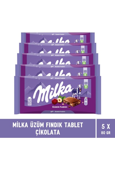 Milka Üzüm Fındık Tablet Çikolata 80 gr - 5 Adet