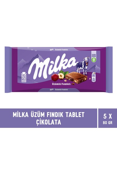 Milka Üzüm Fındık Tablet Çikolata 80 gr - 5 Adet