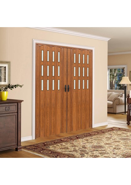 230 x 230 Ceviz Renk Camlı Çift Açılım Pvc Akordiyon Katlanır Kapı FRNAKMODEL-235