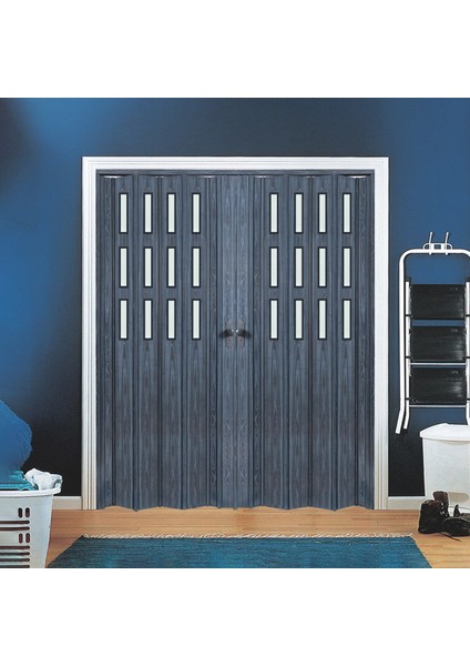 215 x 215 Antrasit Renk Camlı Çift Açılım Pvc Akordiyon Katlanır Kapı FRNAKMODEL-202