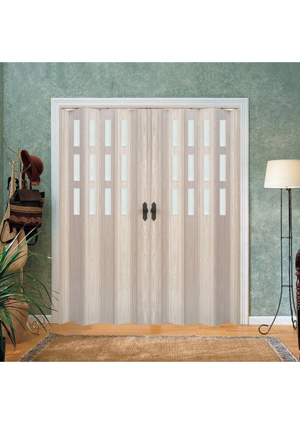 230 x 215 Akçaağaç Renk Camlı Çift Açılım Pvc Akordiyon Katlanır Kapı FRNAKMODEL-221