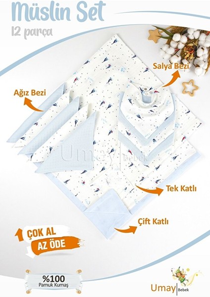 12 Parça Organik Müslin Bebek Pikesi, Battaniyesi, Ağız Bezi, Salya Bezi, Önlük