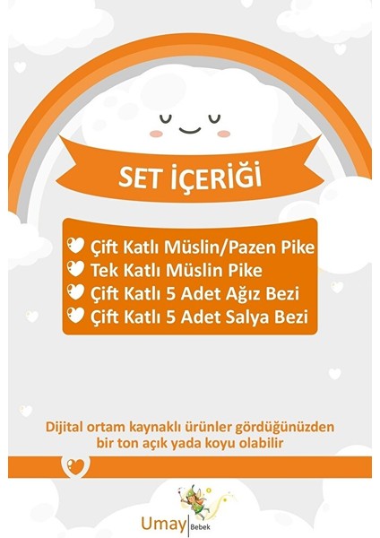 12 Parça Organik Müslin Bebek Pikesi, Battaniyesi, Ağız Bezi, Salya Bezi, Önlük