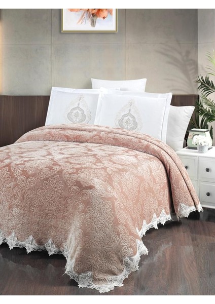 Home Collection Larissa Fransız Güpürlü Battaniye Yatak Ört Seti-Bej fiyatları