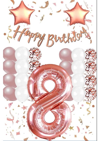 Rose Gold Konsepti 8 Yaş Doğum Günü Seti Rakam ve Yıldız Folyo Balon Banner ve 24 Adet Balon ve Pul