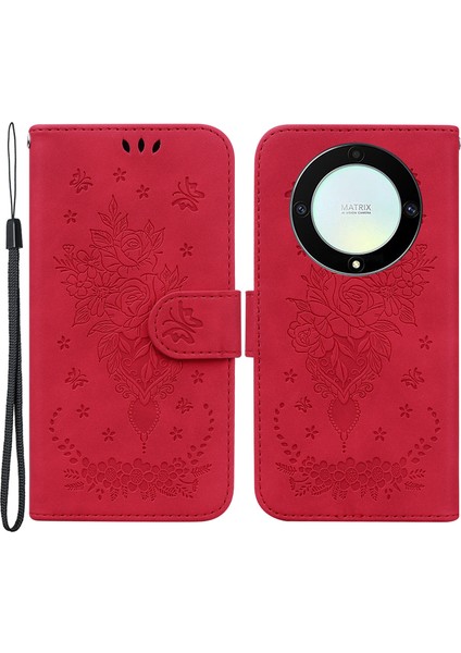 Onur Için X40 5g / X9A 5g / Magic5 Lite 5g Deri Cüzdan Kılıfı Gül Kelebek Basılı Katlanabilir Stand Telefon Kapağı (Yurt Dışından)