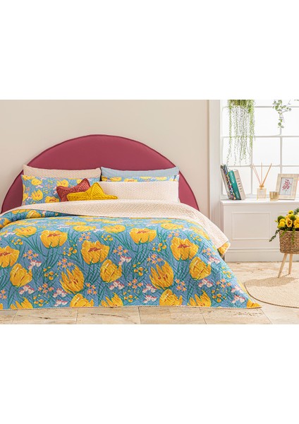 Tulip Paradise Çift Kişilik Çok Amaçlı Örtü 200 x 220 cm Mavi