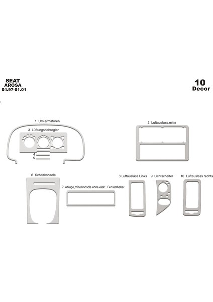 Meriç® Seat Arosa Ön Torpido Kaplama Maun 10 Parça 1997-2001