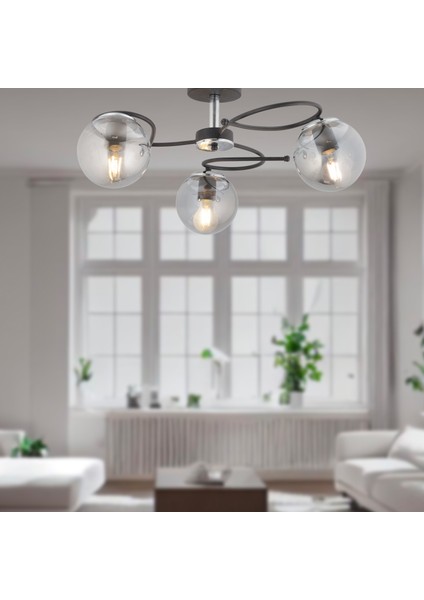 Rodonit 3lü Siyah Krom Füme Camlı Modern Sarkıt Genç Odası Yatak Odası Retro Salon Avize